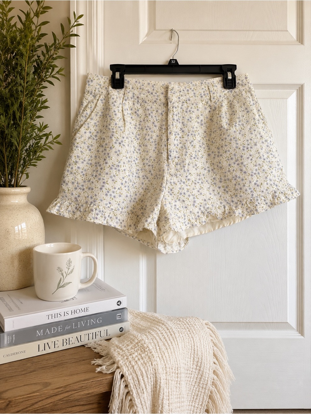 Altar'd State Cream High-Waist Floral Ruffle Shorts with Lavender Ditsy Print